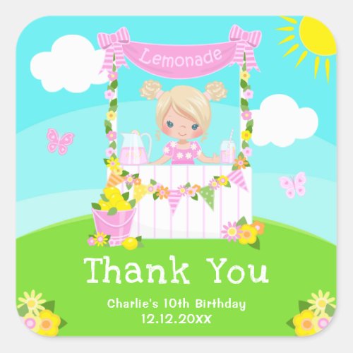 Pink Lemonade Blonde Hair Girl Birthday Thank You Square Sticker