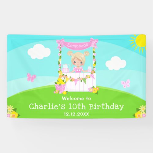 Pink Lemonade Blonde Hair Girl Birthday Welcome Banner