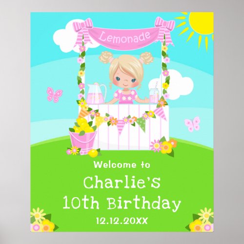 Pink Lemonade Blonde Hair Girl Birthday Welcome Poster