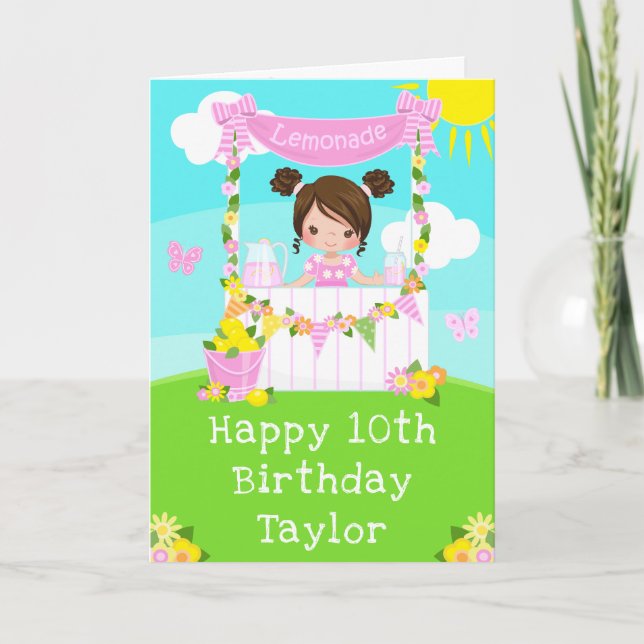 Pink Lemonade Brown Hair Girl Happy Birthday  Card (Front)