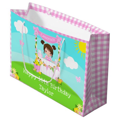 Pink Lemonade Brown Hair Girl Happy Birthday Large Gift Bag