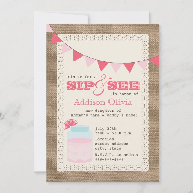 Pink Lemonade Burlap Inspired Sip & See Baby Girl Invitation (Front)