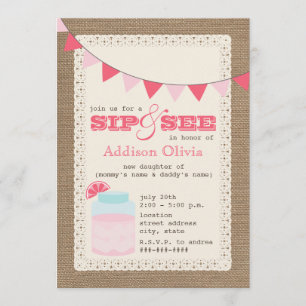Pink Lemonade Burlap Inspired Sip & See Baby Girl Invitation