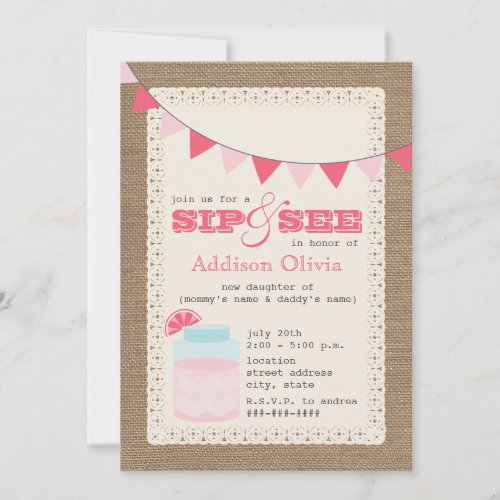 Pink Lemonade Burlap Inspired Sip &amp; See Baby Girl Custom Invites