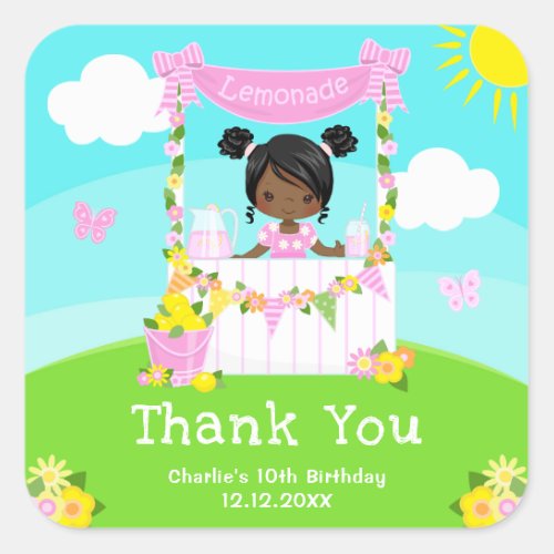 Pink Lemonade Dark Skin Girl Birthday Thank You Square Sticker