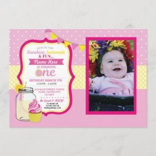 Pink Lemonade First 1st One Birthday Party Photo Invitation