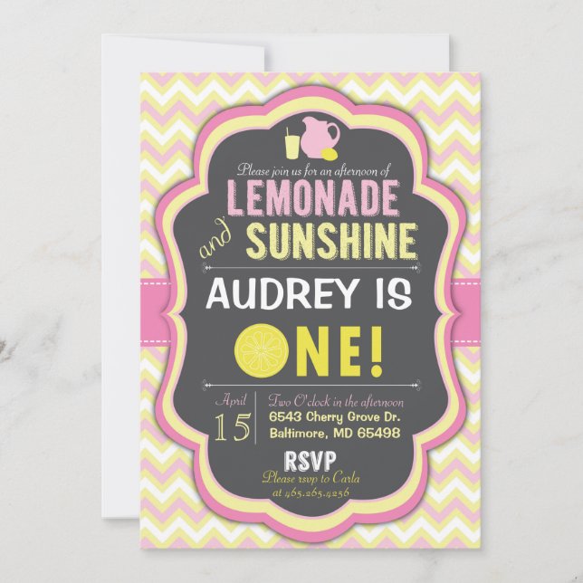 Pink Lemonade First Birthday Chevron Invitation (Front)