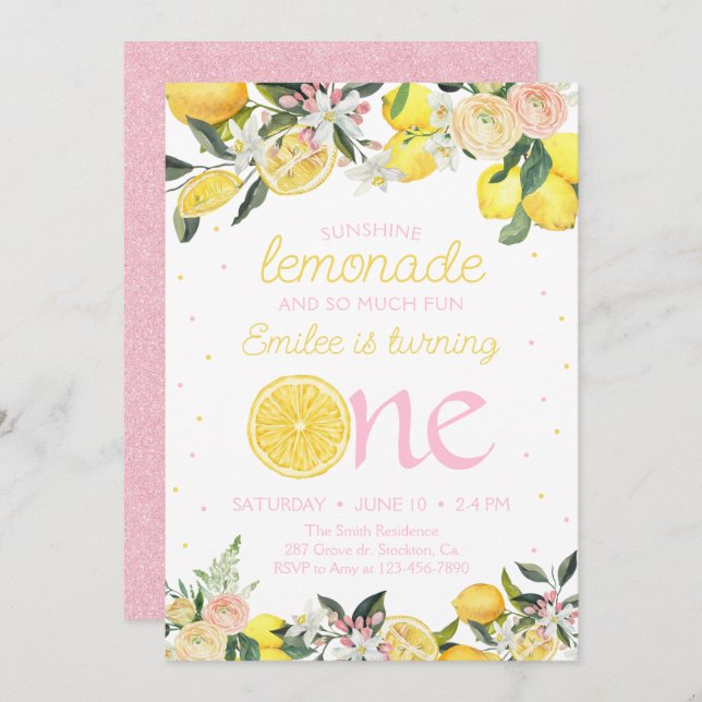Pink Lemonade Floral First Birthday Sunshine  Invitation (Front/Back)
