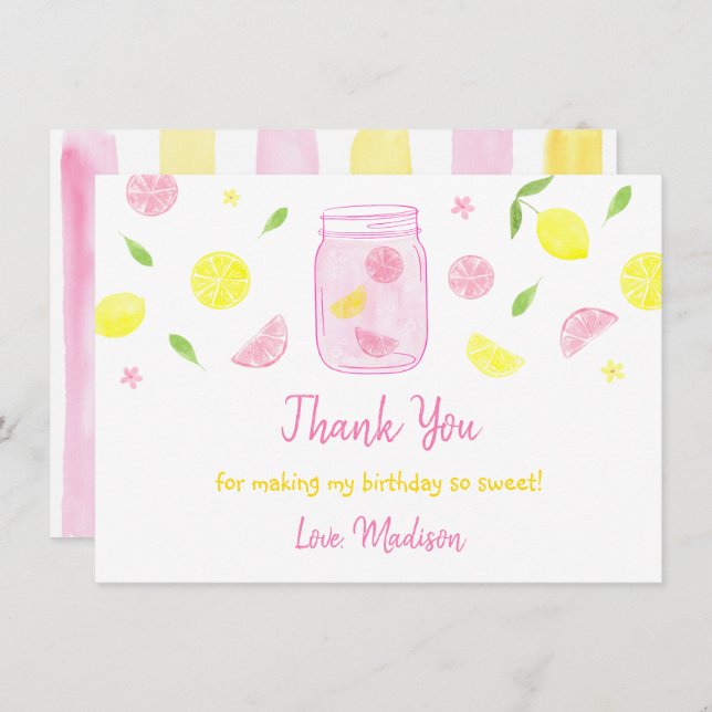 Pink Lemonade Lemon Birthday Thank You Card (Front/Back)