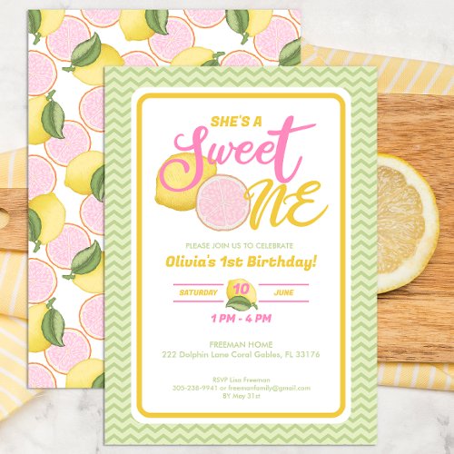 Pink Lemonade Lemon Themed 1st Birthday Party Invitation