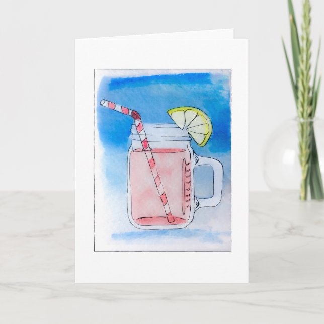 Pink Lemonade Mason Jar Watercolor Card (Front)