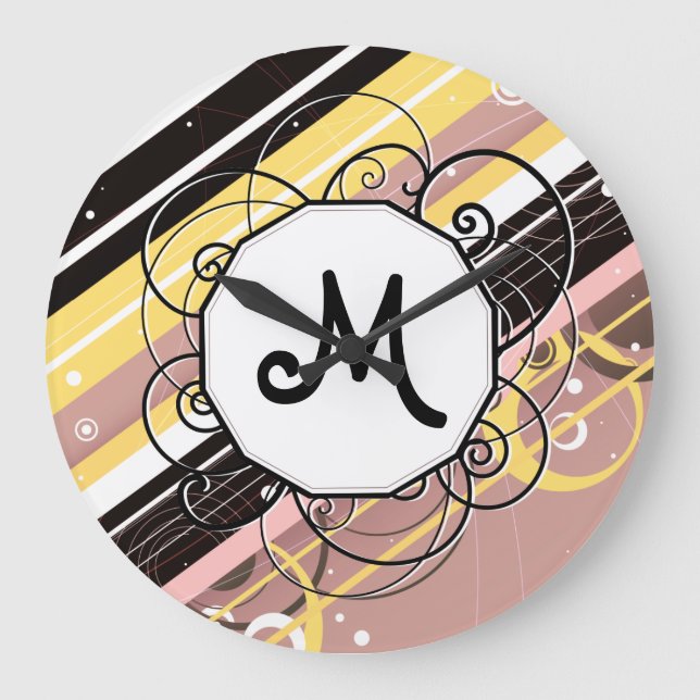 Pink Lemonade Modern-Retro Stripes with Monogram Large Clock (Front)
