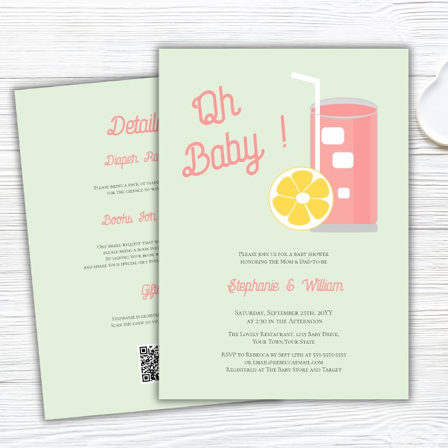 Pink Lemonade Oh Baby Shower Modern QR Code  Invitation (Creator Uploaded)
