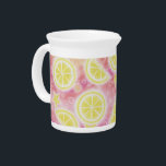 Pink Lemonade pitcher<br><div class="desc">Fruity,  fizzy,  sweet and sour...  slices of lemon,  bubbles and stars float in pink lemonade. Pitcher with a pink,  yellow,  orange and white customizable design for you to personalise with your own text,  images and ideas. Image created from an original coloured pencil and ink drawing by Jess Perry.</div>