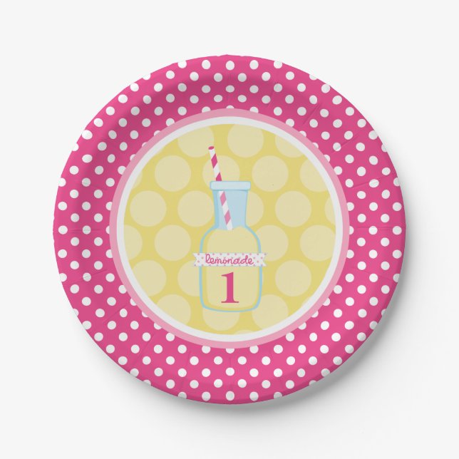 Pink Lemonade Polka Dot 1st Birthday Paper Plates (Front)
