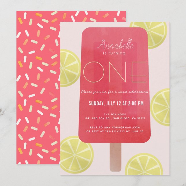 Pink Lemonade Popsicle Girl 1st Birthday Invitation (Front/Back)