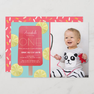 Pink Lemonade Popsicle Girl Photo 1st Birthday Invitation