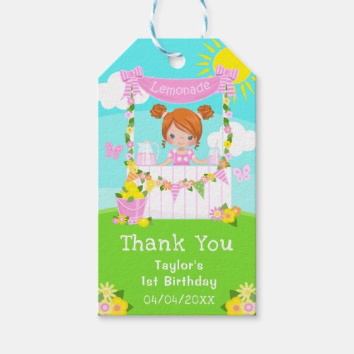 Pink Lemonade Red Hair Girl Birthday Thank You Gift Tags