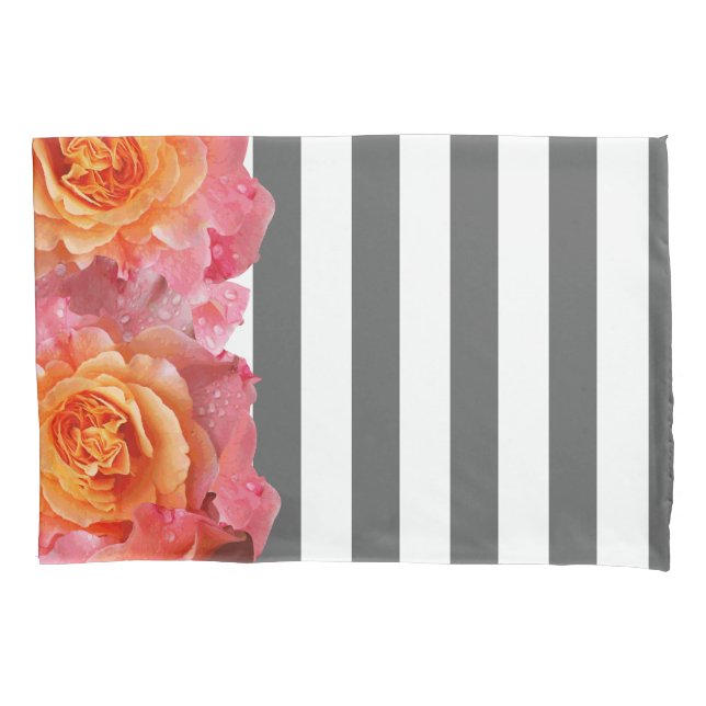 Pink Lemonade Roses & Thick White Grey Stripes Pillow Case (Front)