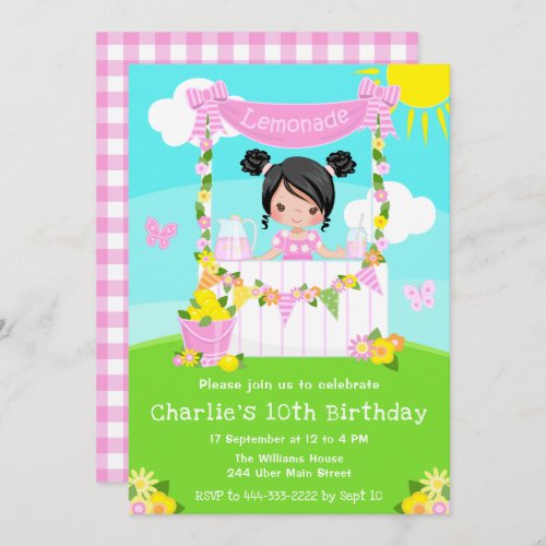 Pink Lemonade Stand Birthday Black Hair Girl Invitation