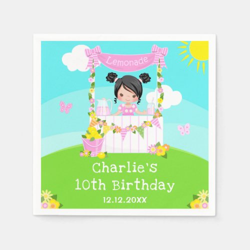 Pink Lemonade Stand Birthday Black Hair Girl Napkins