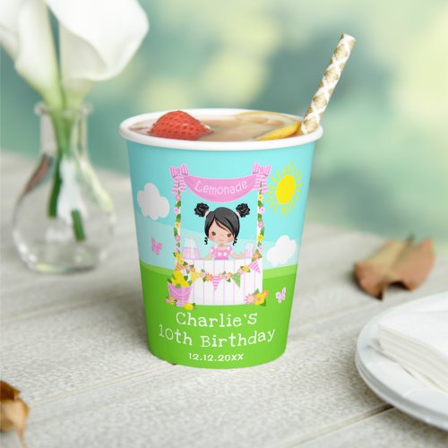 Pink Lemonade Stand Birthday Black Hair Girl Paper Cups