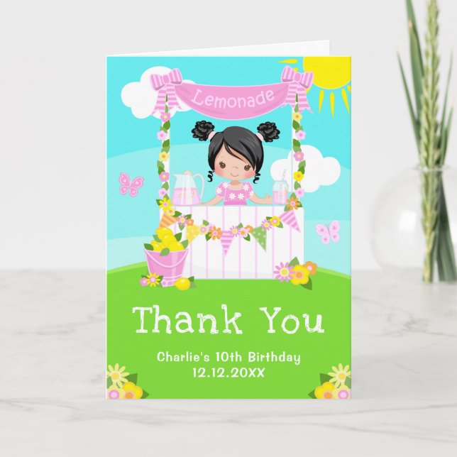 Pink Lemonade Stand Birthday Black Hair Girl Thank You Card (Front)