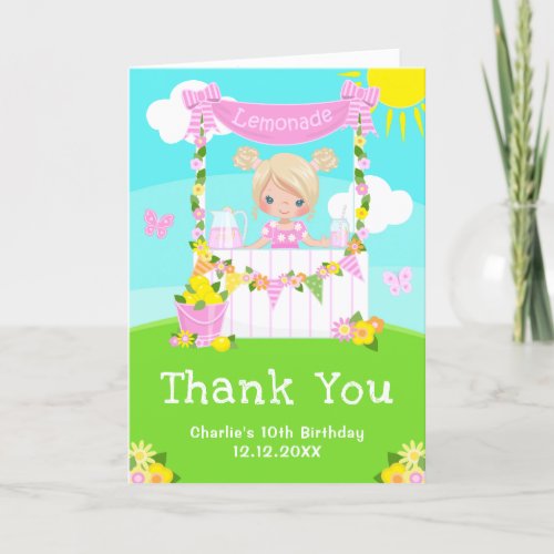 Pink Lemonade Stand Birthday Blonde Hair Girl Thank You Card