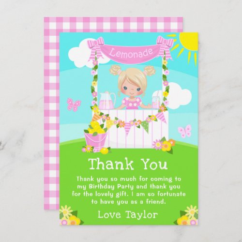 Pink Lemonade Stand Birthday Blonde Hair Girl Thank You Card