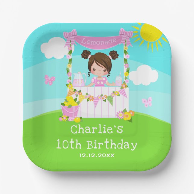 Pink Lemonade Stand Birthday Brown Hair Girl Paper Plates (Front)