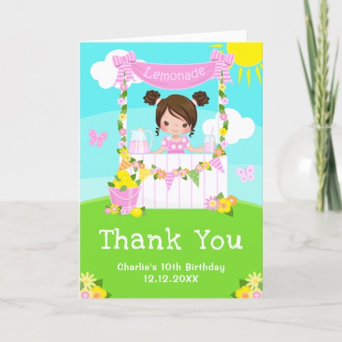 Pink Lemonade Stand Birthday Brown Hair Girl Thank You Card