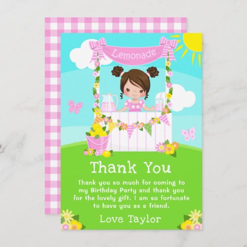 Pink Lemonade Stand Birthday Brown Hair Girl Thank You Card