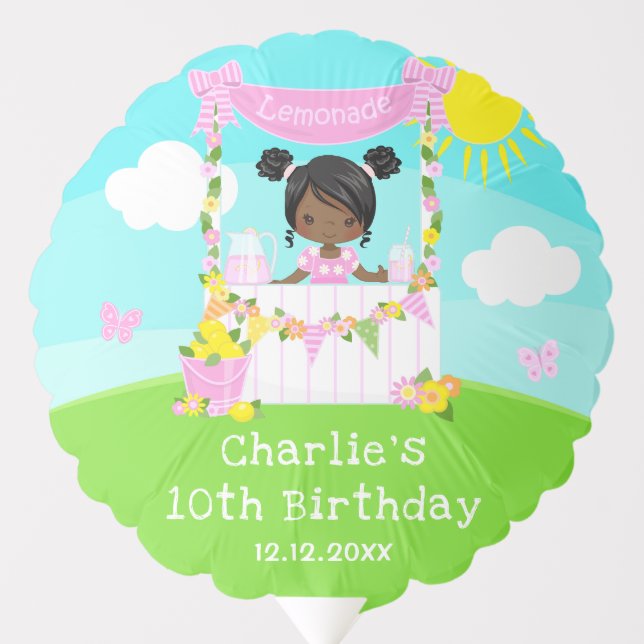 Pink Lemonade Stand Birthday Dark Skin Girl Balloon (Front)