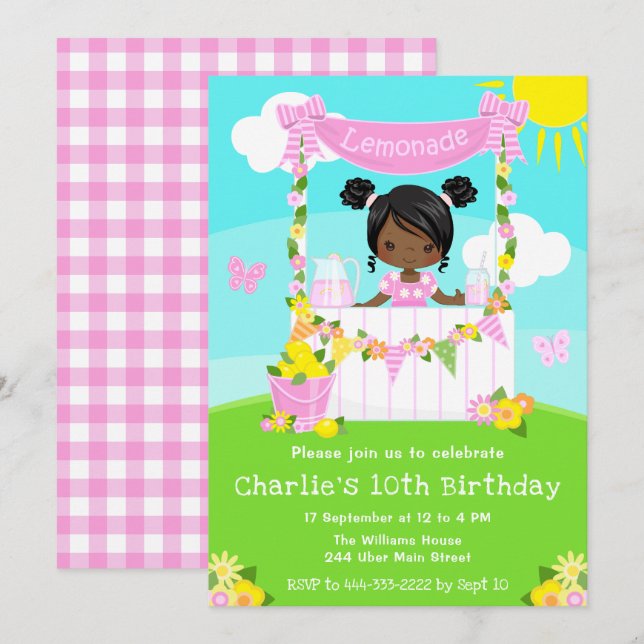 Pink Lemonade Stand Birthday Dark Skin Girl Invitation (Front/Back)