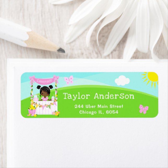 Pink Lemonade Stand Birthday Dark Skin Girl Label (Insitu)