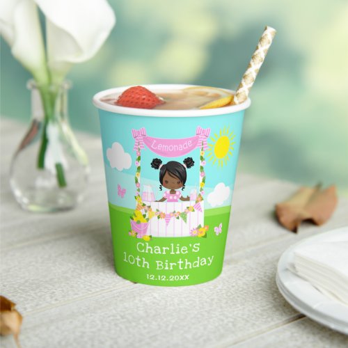 Pink Lemonade Stand Birthday Dark Skin Girl Paper Cups