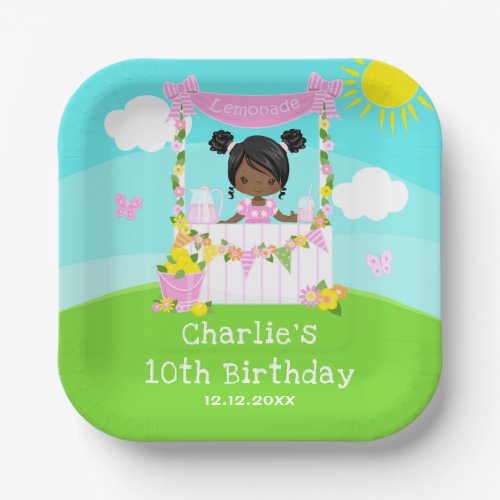 Pink Lemonade Stand Birthday Dark Skin Girl Paper Plates