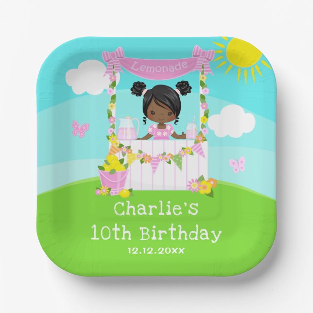 Pink Lemonade Stand Birthday Dark Skin Girl Paper Plates (Front)