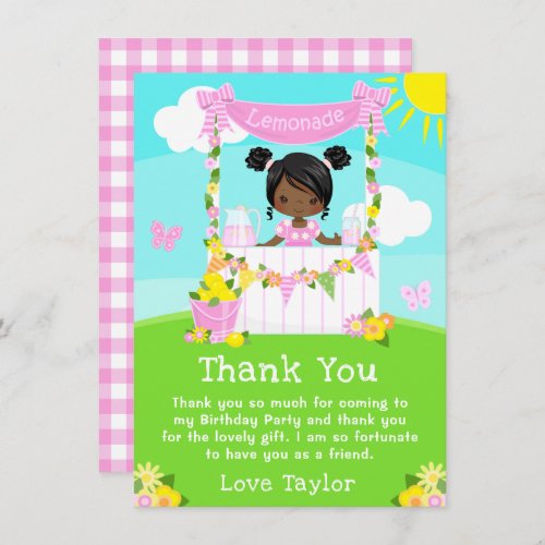 Pink Lemonade Stand Birthday Dark Skin Girl Thank You Card