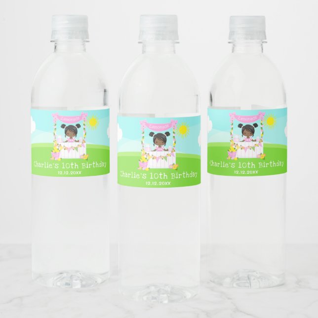 Pink Lemonade Stand Birthday Dark Skin Girl Water Bottle Label (Bottles)