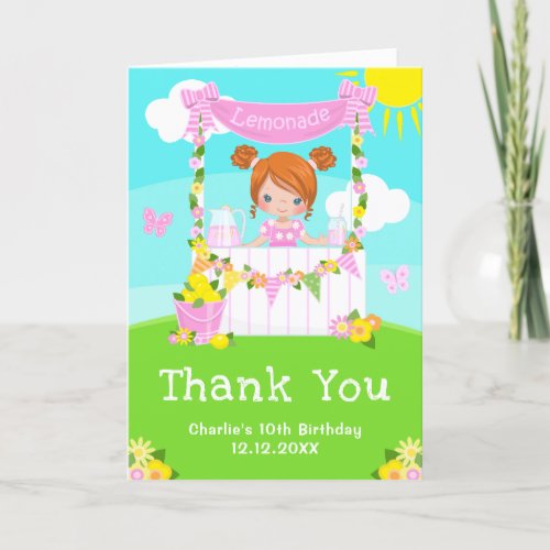 Pink Lemonade Stand Birthday Red Hair Girl Thank You Card