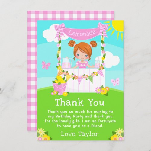 Pink Lemonade Stand Birthday Red Hair Girl Thank You Card