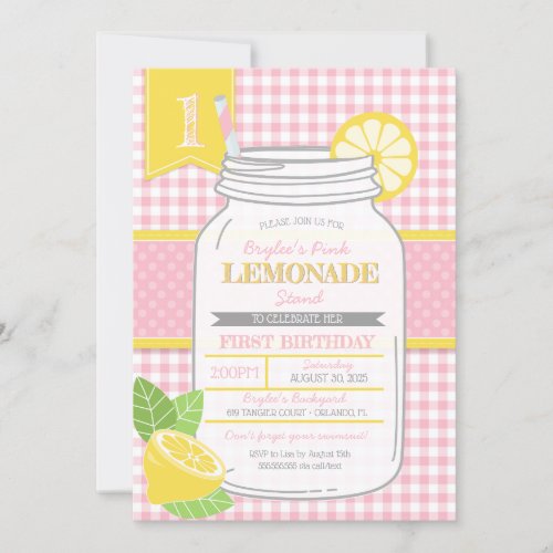 Pink Lemonade Stand First Birthday Party Invitation