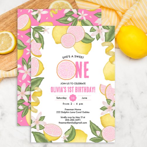 Pink Lemonade Sweet Lemons 1st Birthday Invitation