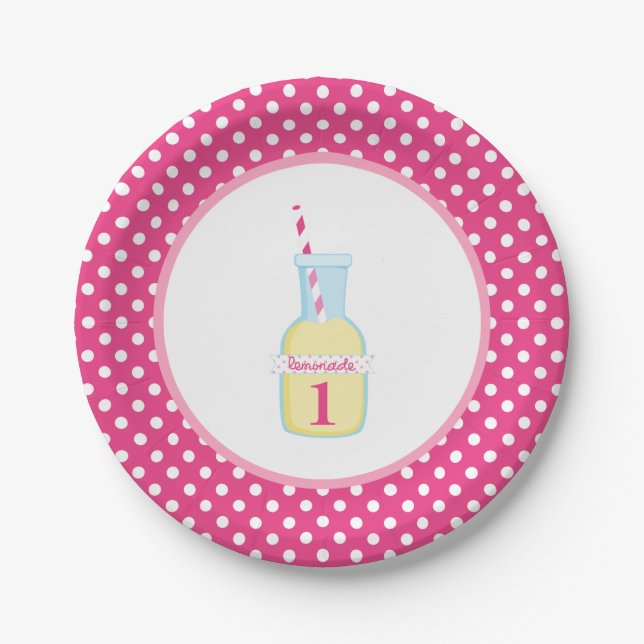 Pink Lemonade White Polka Dot 1st Birthday Paper Plates (Front)