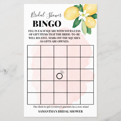 Pink Lemons Bridal Shower Bingo Game Card Flyer