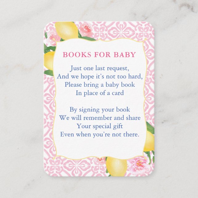 Pink Lemons Bring A Book Baby Shower Enclosure Card (Front)