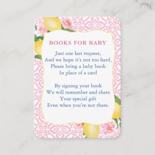 Pink Lemons Bring A Book Baby Shower Enclosure Card