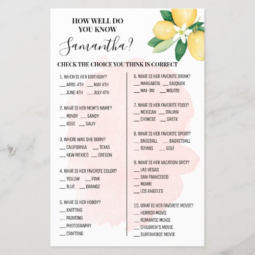 Pink Lemons How well do you know Bride Game Card Flyer
