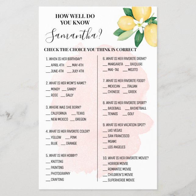 Pink Lemons How well do you know Bride Game Card Flyer (Front)